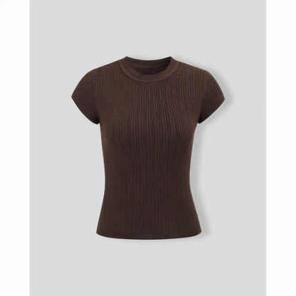 Women's Brown Crew Neck Ribbed Knit Tee
