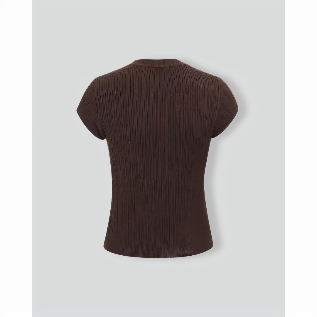 Women's Brown Crew Neck Ribbed Knit Tee