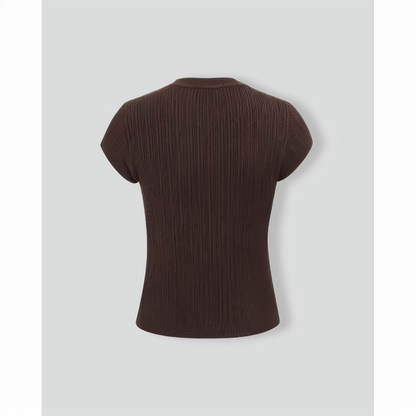 Women's Brown Crew Neck Ribbed Knit Tee