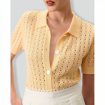 Women's Yellow Lapel Hollow Out Knitted Sweater