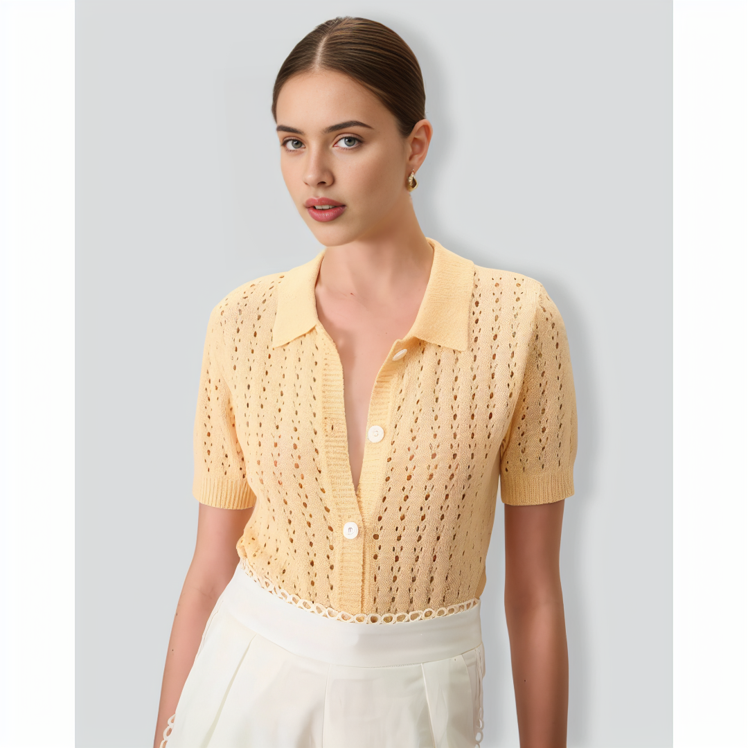 Women's Yellow Lapel Hollow Out Knitted Sweater