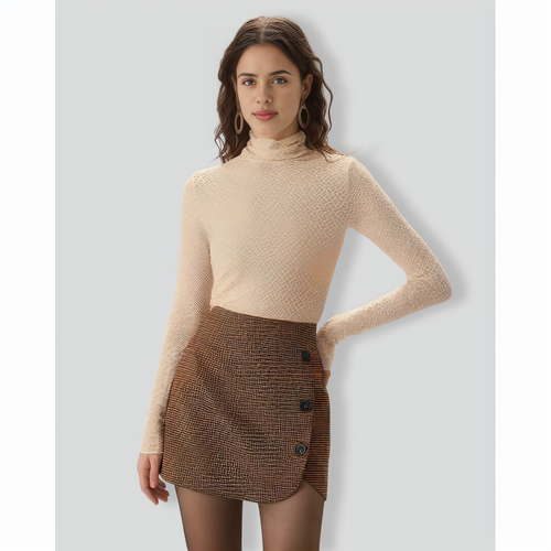 Women's Apricot Mock Neck See-through Slim Tee