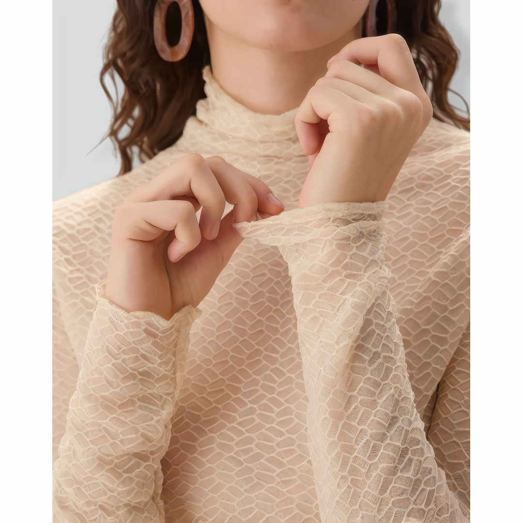 Women's Apricot Mock Neck See-through Slim Tee