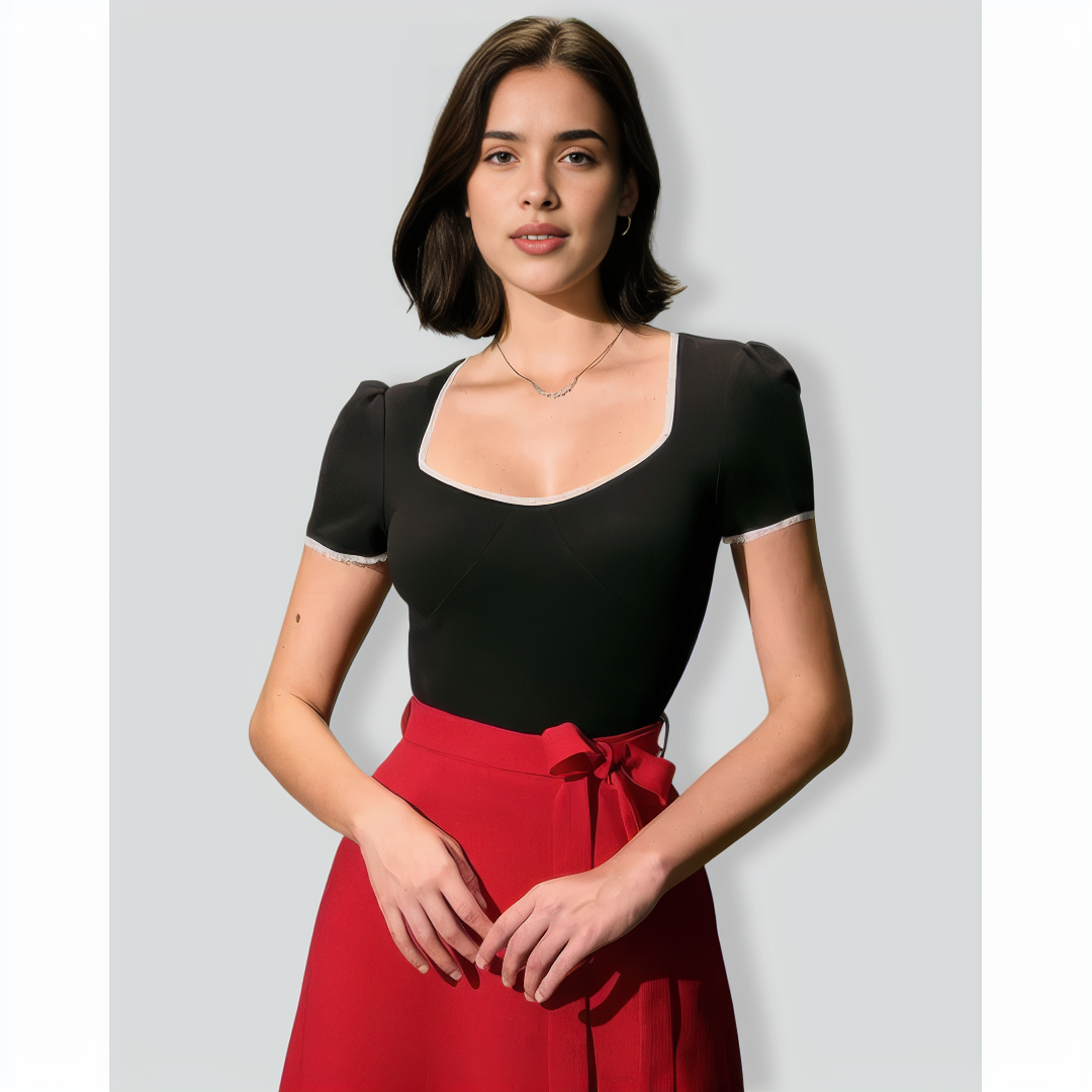 The Black Square Neck Lace Trim Tee