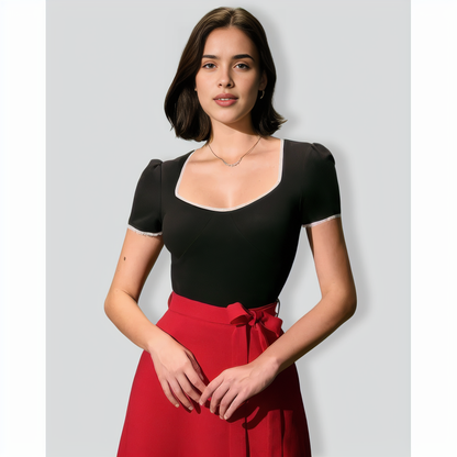 The Black Square Neck Lace Trim Tee