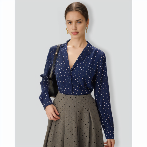 Navy V Neck Polka Dot Pocket Blouse