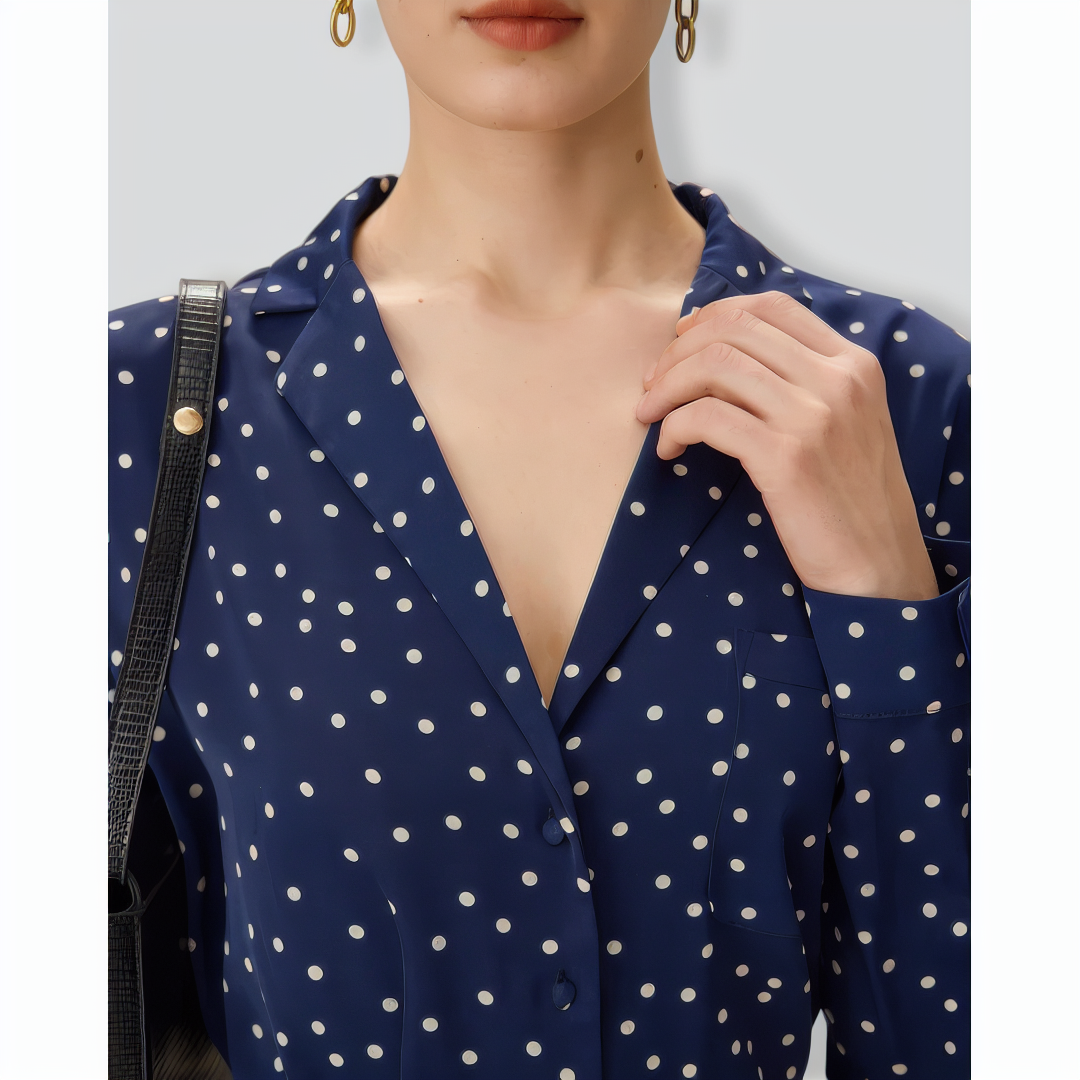 Navy V Neck Polka Dot Pocket Blouse