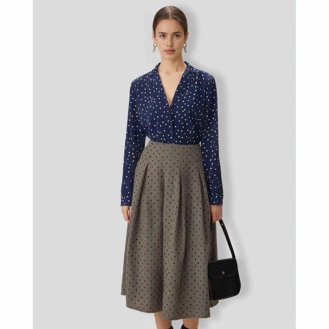 Navy V Neck Polka Dot Pocket Blouse