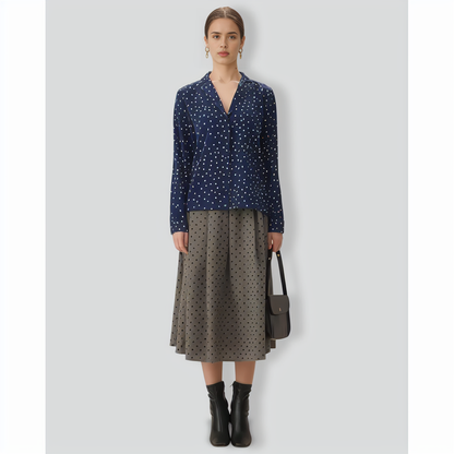 Navy V Neck Polka Dot Pocket Blouse