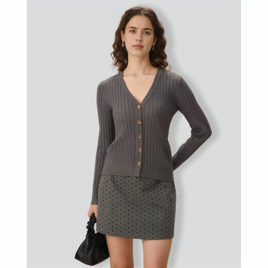 Grey V-Neck Single-breasted Cardigan