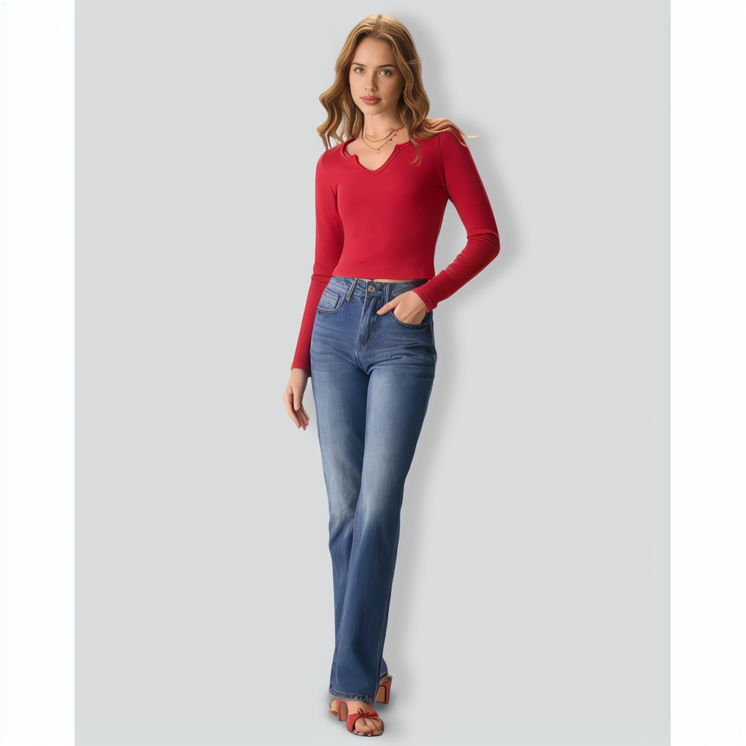 Women's Red Long Sleeve Ribbed Knit Top