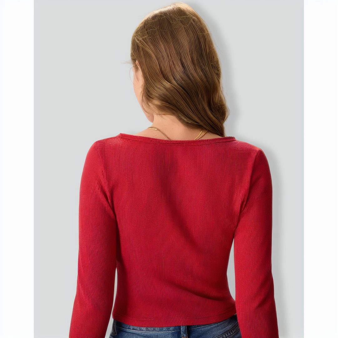 Women's Red Long Sleeve Ribbed Knit Top