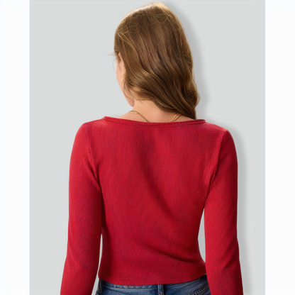 Women's Red Long Sleeve Ribbed Knit Top
