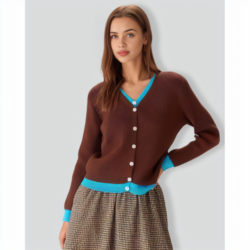 Brown Contrasting Single-Breasted Cardigan