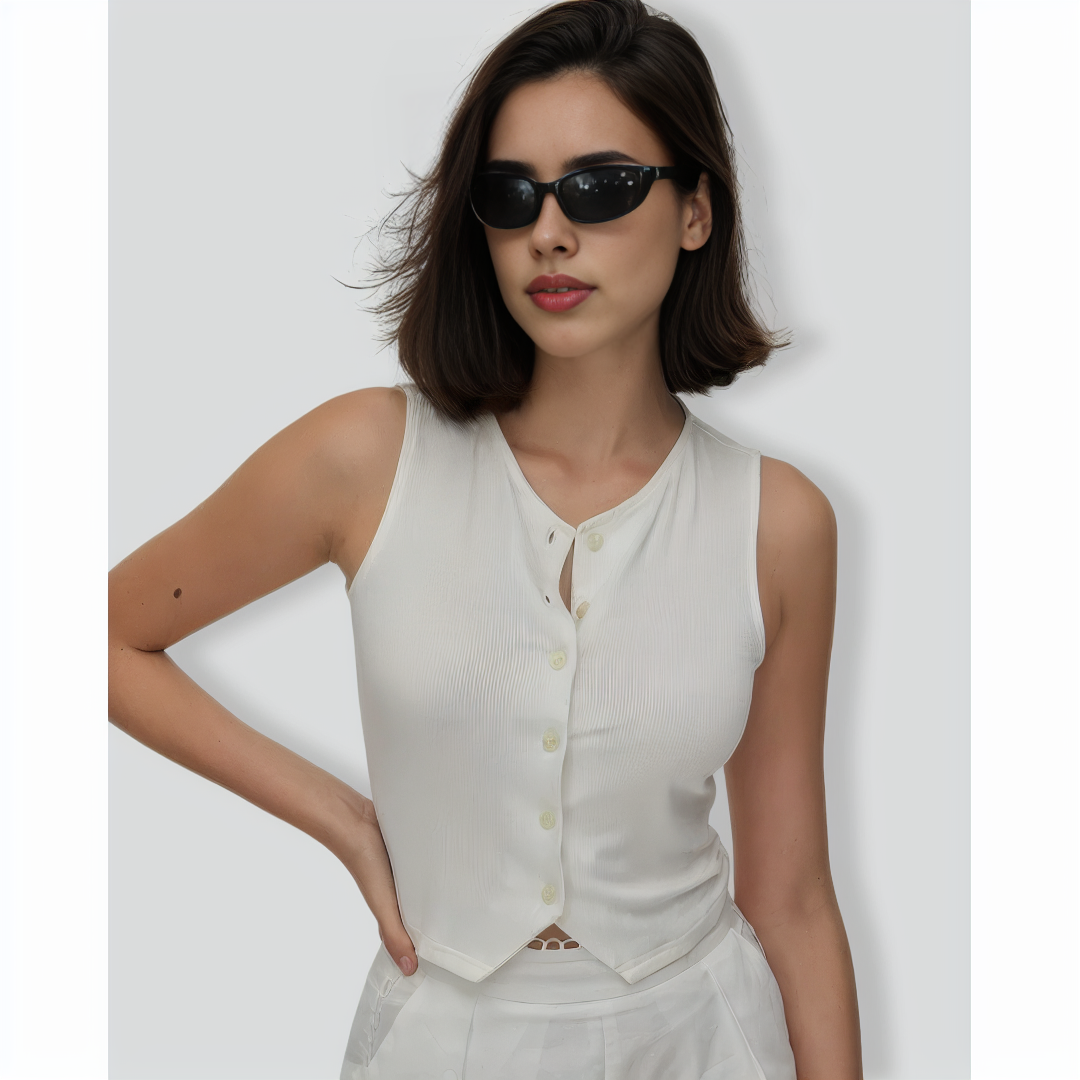 The White V Neck Button Knit Tank Top