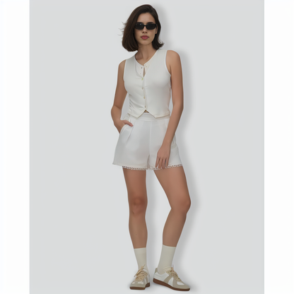 The White V Neck Button Knit Tank Top