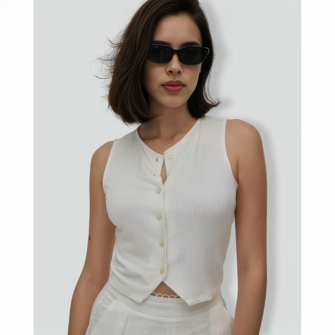 The White V Neck Button Knit Tank Top