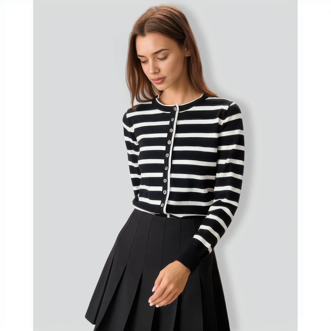 Women's Black Striped Single-Breasted Cardigan