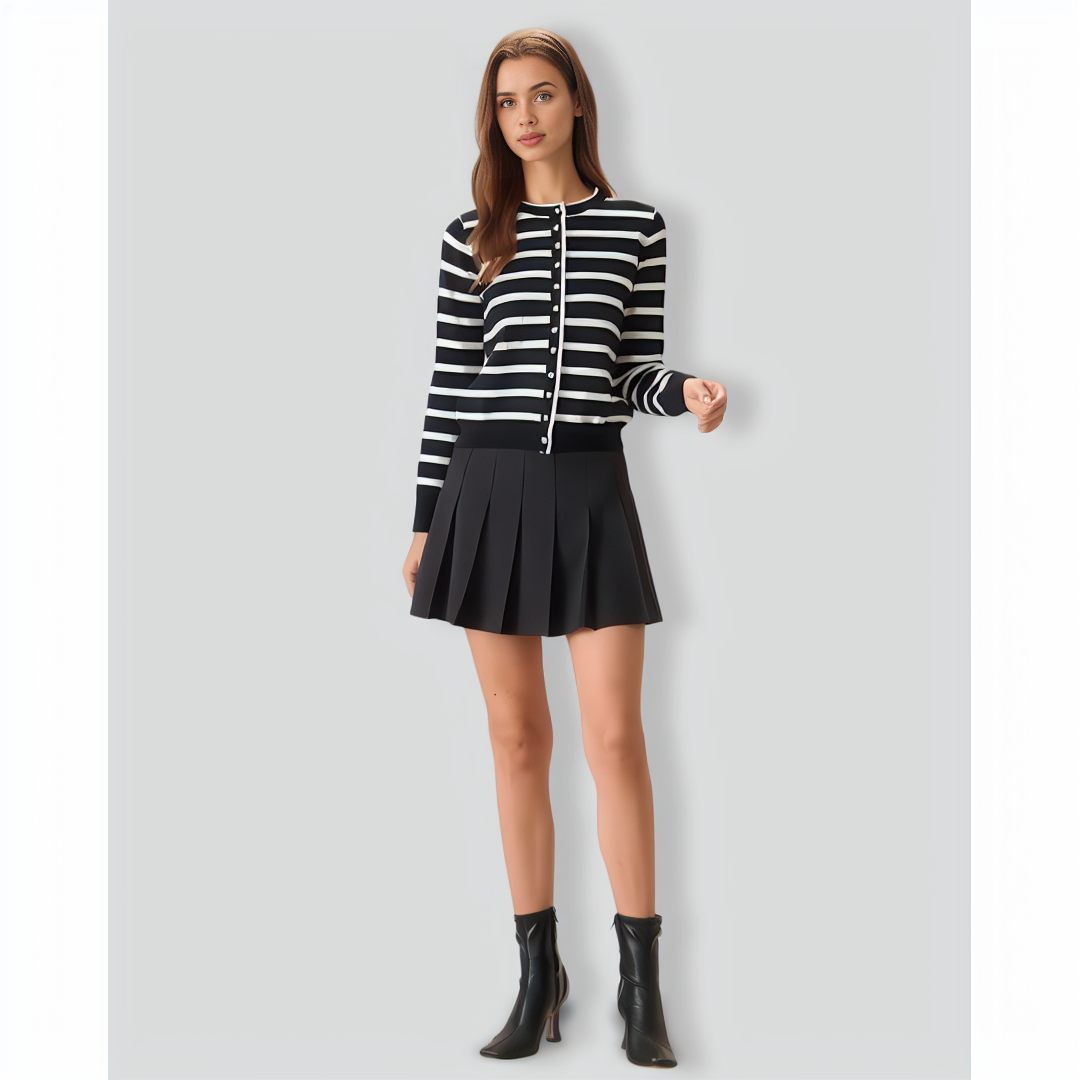 Women's Black Striped Single-Breasted Cardigan
