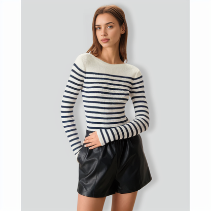Women's Navy Boat Neck Slim Striped Sweater