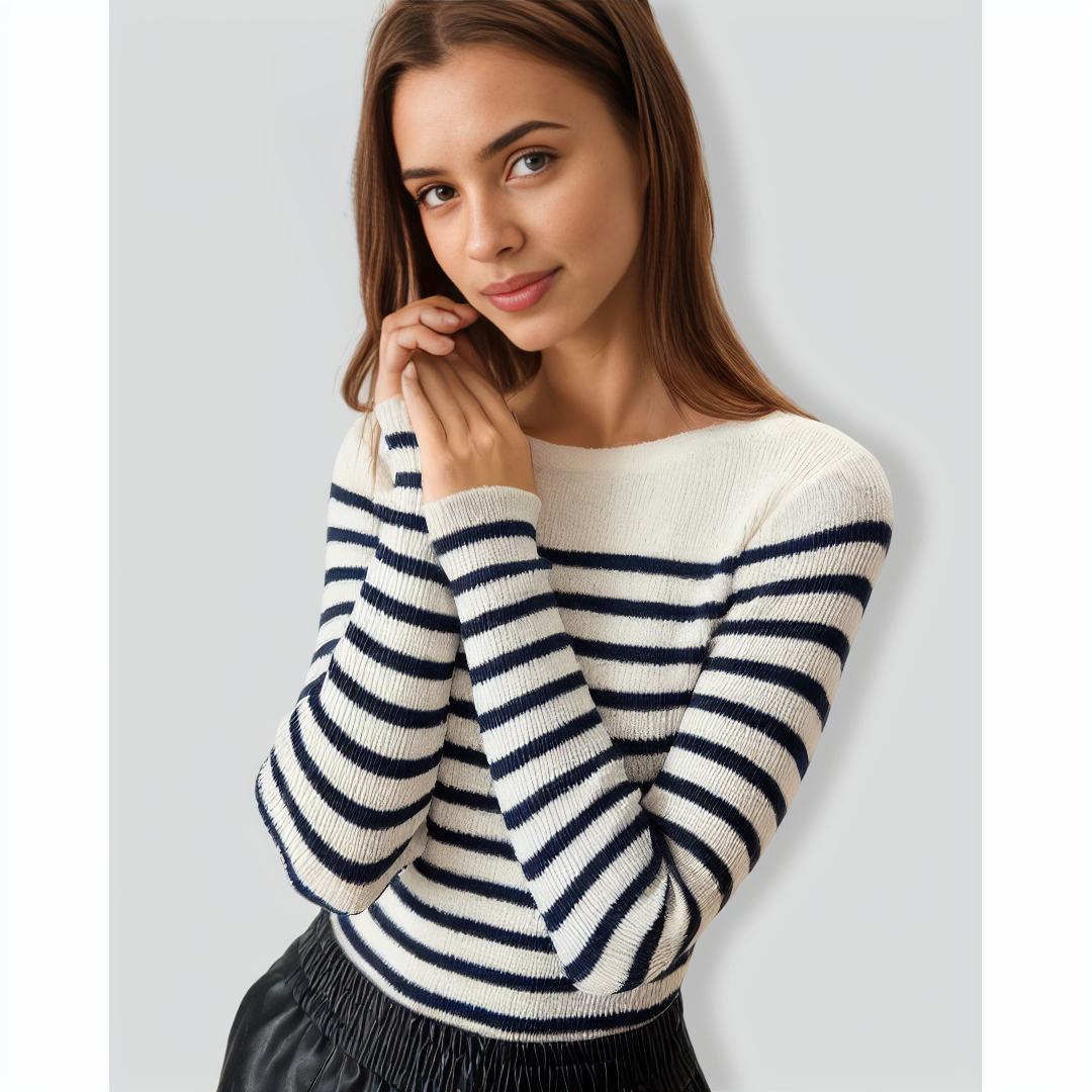 Women's Navy Boat Neck Slim Striped Sweater