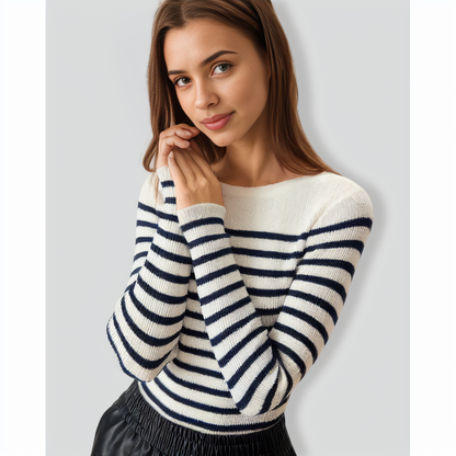 Women's Navy Boat Neck Slim Striped Sweater