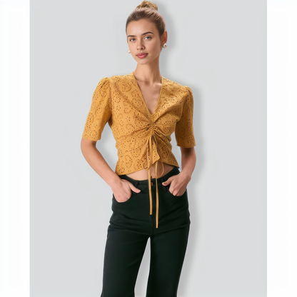 The Yellow V Neck Embroidery Tie Front Tee