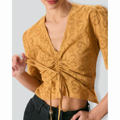 The Yellow V Neck Embroidery Tie Front Tee