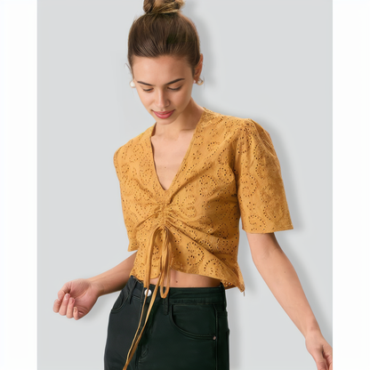 The Yellow V Neck Embroidery Tie Front Tee