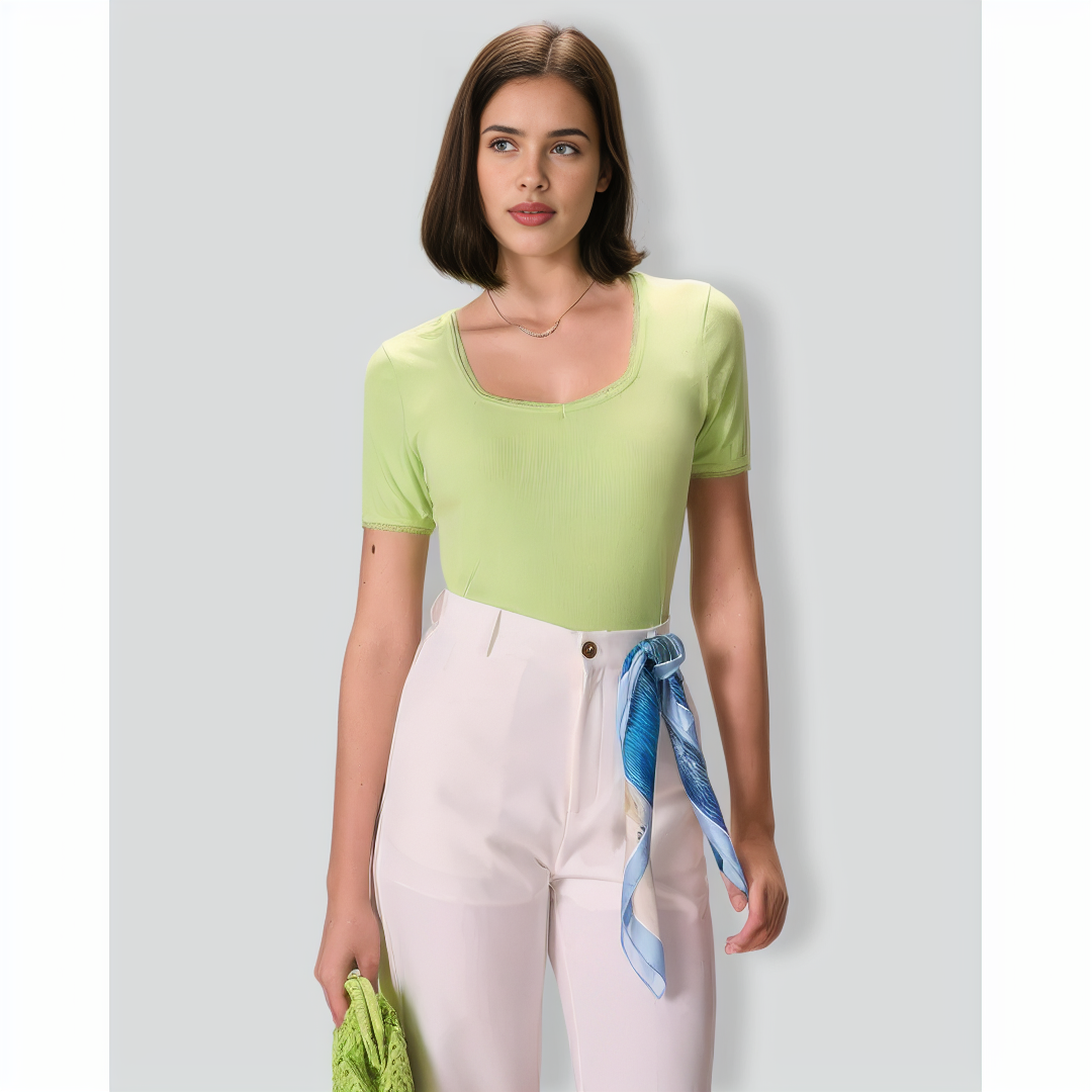 The Green Square Neck Lace Trim Knit Tee