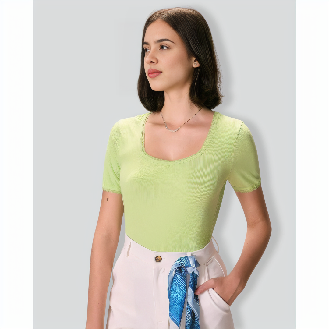 The Green Square Neck Lace Trim Knit Tee