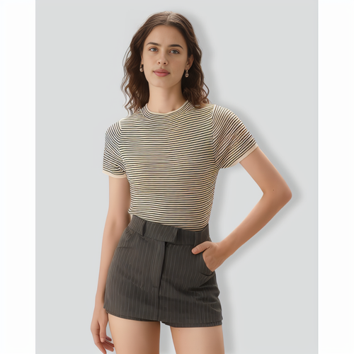 Women's Black Round Neck Striped Tee