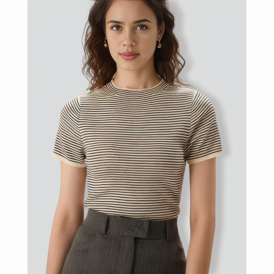 Women's Black Round Neck Striped Tee