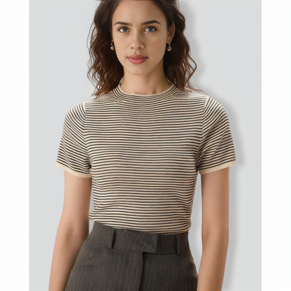 Women's Black Round Neck Striped Tee