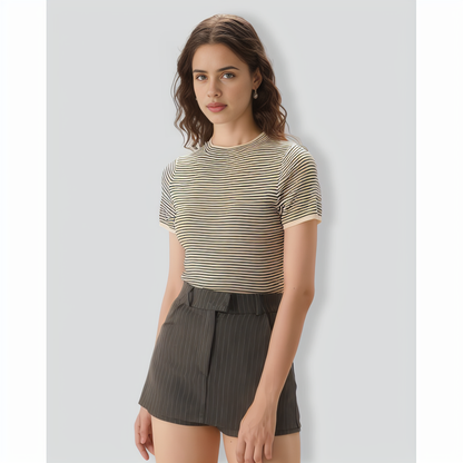 Women's Black Round Neck Striped Tee
