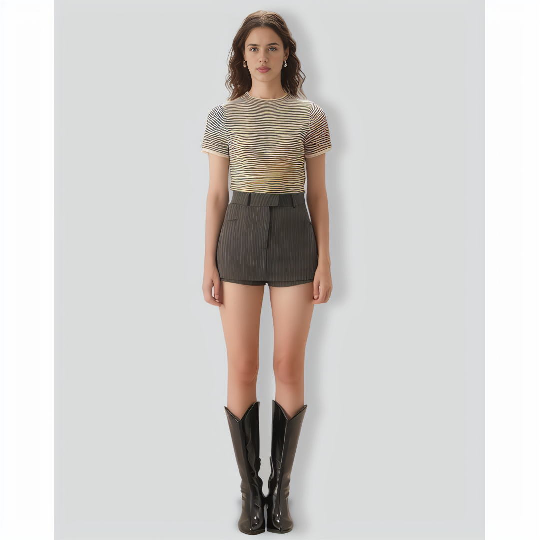 Women's Black Round Neck Striped Tee