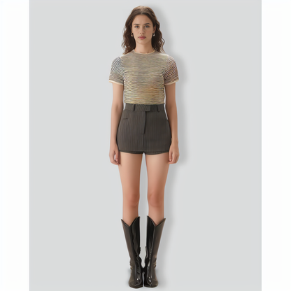 Women's Black Round Neck Striped Tee