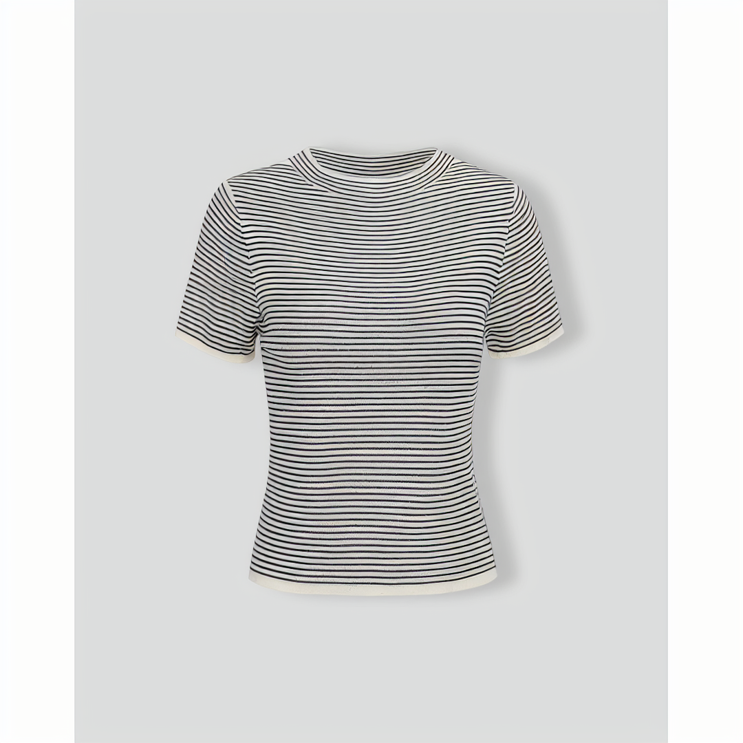Women's Black Round Neck Striped Tee