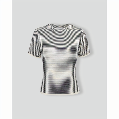 Women's Black Round Neck Striped Tee