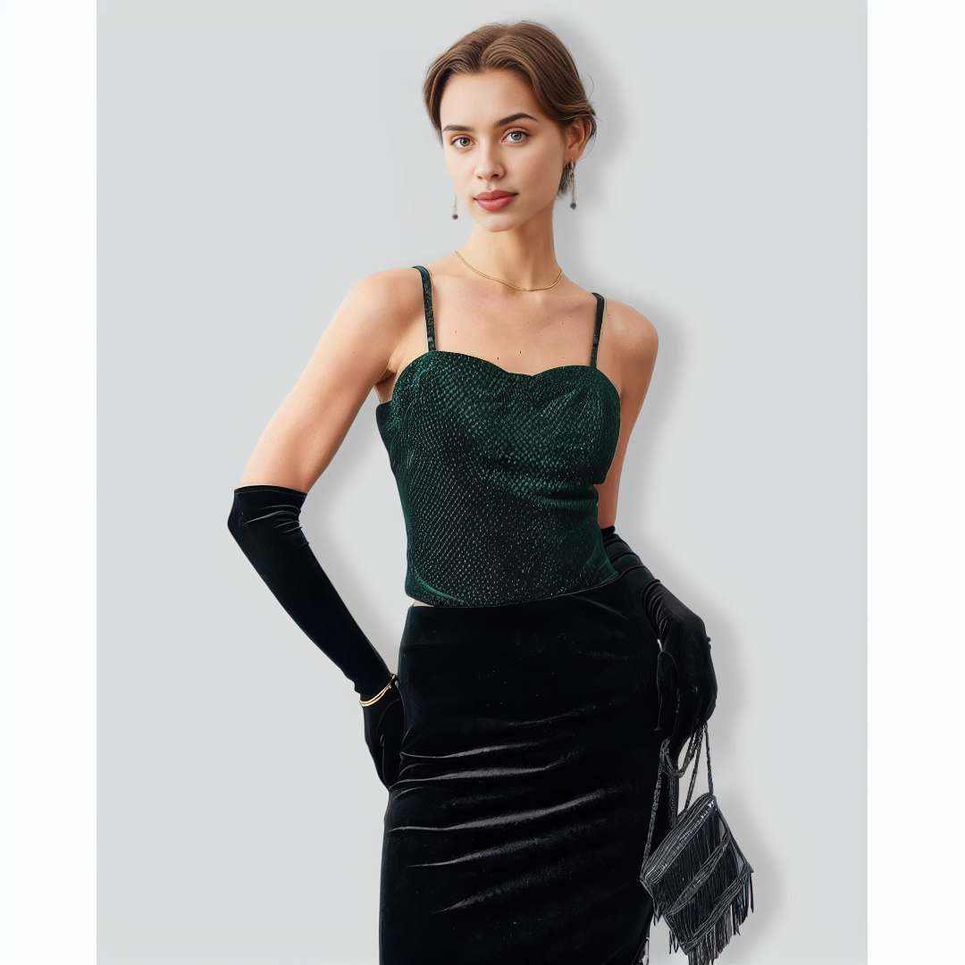 The Green Sweetheart Neck Velvet Crop Cami Top