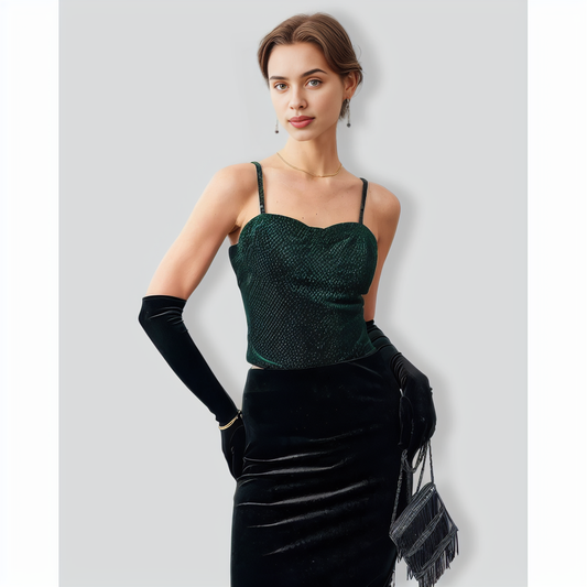 The Green Sweetheart Neck Velvet Crop Cami Top