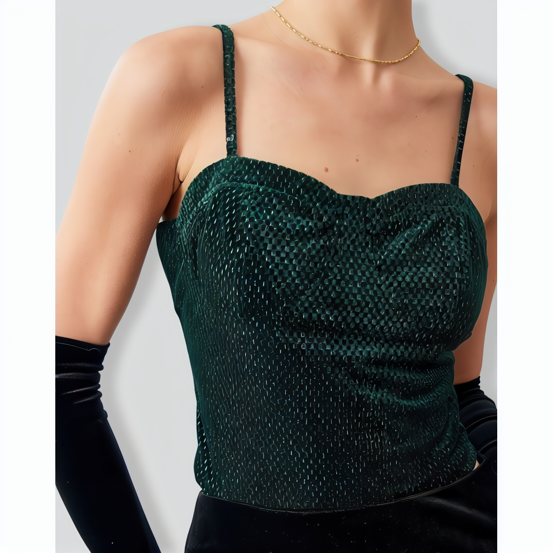 The Green Sweetheart Neck Velvet Crop Cami Top