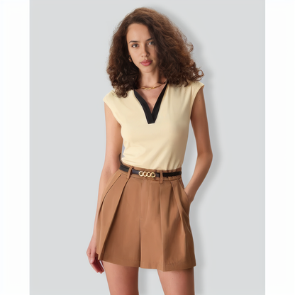 Women's Beige V-Neck Knitted Tee