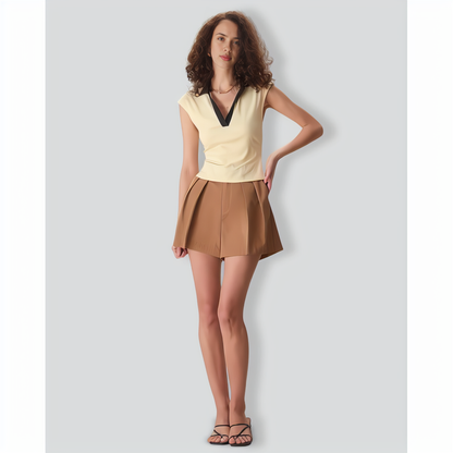 Women's Beige V-Neck Knitted Tee