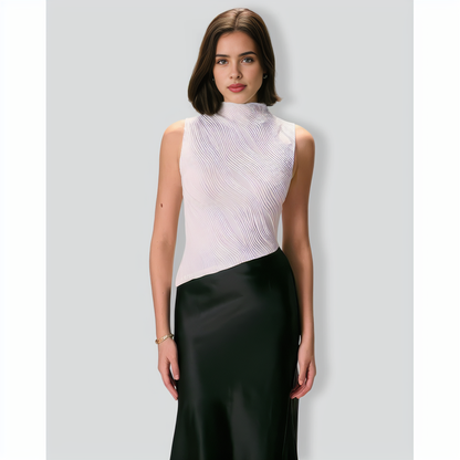 The White Mock Neck Water Ripple Asymmetrical Tank Top