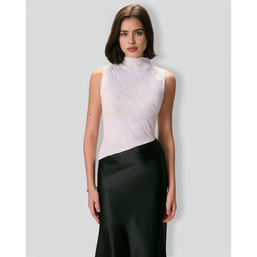 The White Mock Neck Water Ripple Asymmetrical Tank Top