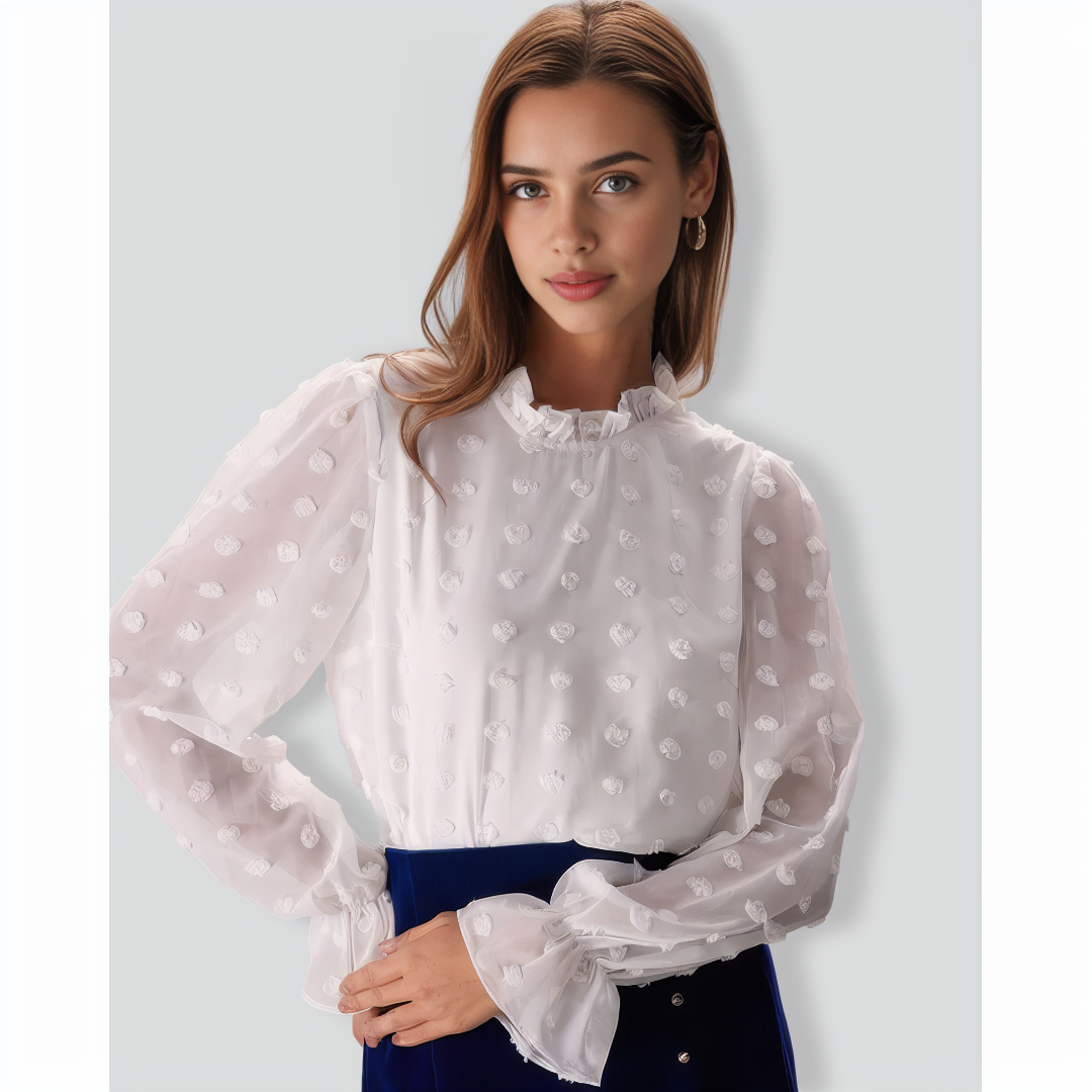 The White Mock Neck Dobby Sheer Blouse