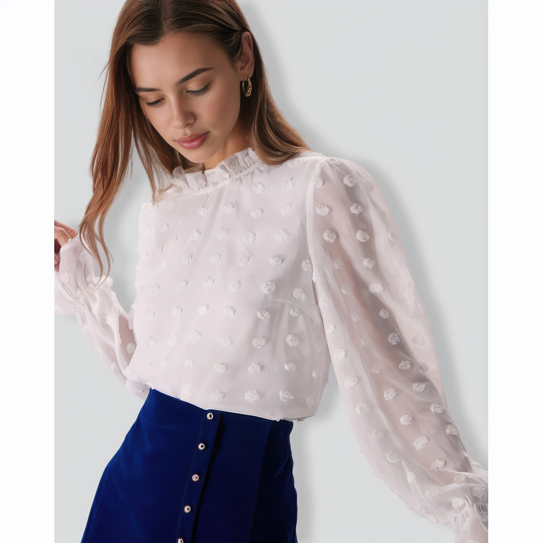The White Mock Neck Dobby Sheer Blouse