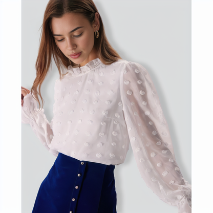 The White Mock Neck Dobby Sheer Blouse