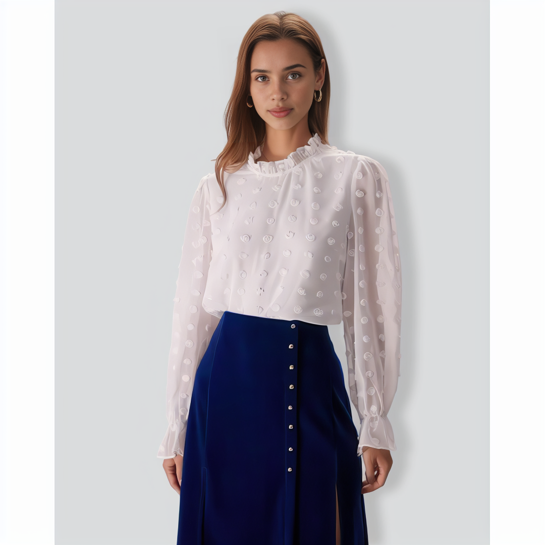 The White Mock Neck Dobby Sheer Blouse